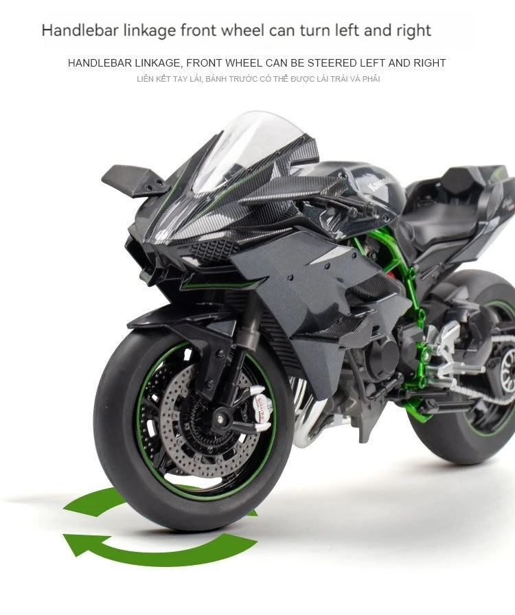 Diecast 1 9 Kawasaki Ninja H2R motorcycle with sound and light front wheel steering ornament Metal model motorcycle alloy model Alibaba