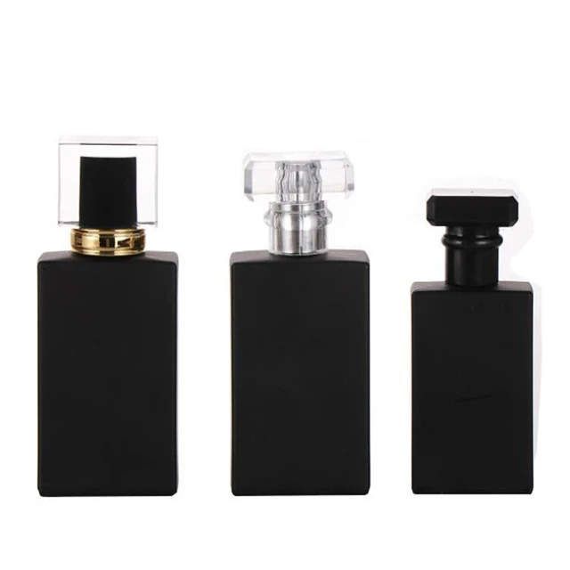 Free Samples Wholesale Luxurious Black Glass Perfume Spray Bottles 30ml 50ml 100ml Empty Square Reusable Matte Surface Box