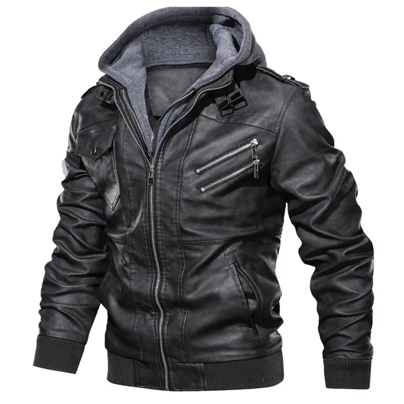 Spring Fall New Genuine Custom Biker Hooded Zipper Long Sleeve Real Leather Men Jackets
