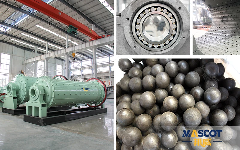 Wet ball mill grinding chamber showing graded steel ball charge and wear-resistant liner plates