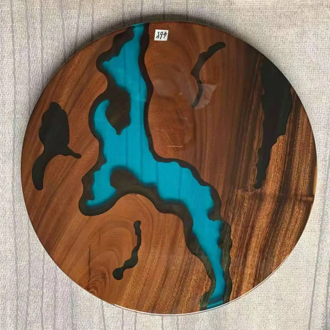 Luxury Support Logo Walnut Wood Round Dinner Clear River Blue Ocean Island Bar Dining Coffee Epoxy Resin Table Top