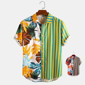 Fashion Men Hawaiian Shirt Short Sleeve Streetwear Print Striped Patchwork Summer Chic Blouse 2021 Man Beach Shirt