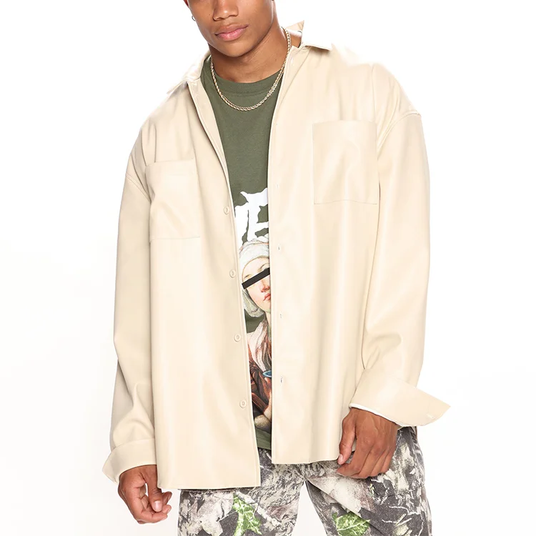 Black Custom Oversized Shacket Pockets Plus Size Leather Jacket Man_voghion.com