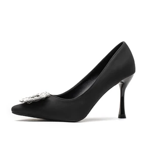 Chic Women's Black Satin Comfortable Summer Pointed-Toe Stiletto Heel Pumps with Silver Rhinestone Buckle Detail