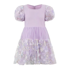 Customizable Girls Summer Cotton Casual Dress Solid Pattern O-Neck Ruffle Design Kids Dress