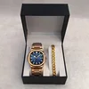 Reloj azul rosa + pulsera dorada + caja