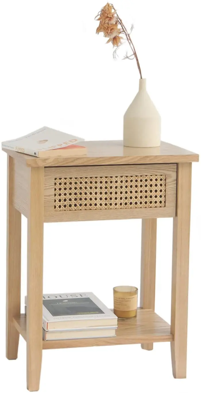 Natural Small Rattan Drawer Nightstand with Drawer and Shelf Rattan Side Table Bedroom