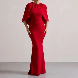 ZYHT 73420 New Fashion Red O Neck Maxi Breathable Natural Plain Dyed Straight Long Mermaid Evening Dress for Wedding Party