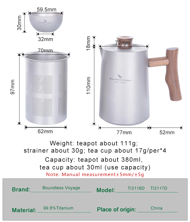 Boundless Voyage Titanium Tea Set Coffee Kettle Cups Outdoor Camping