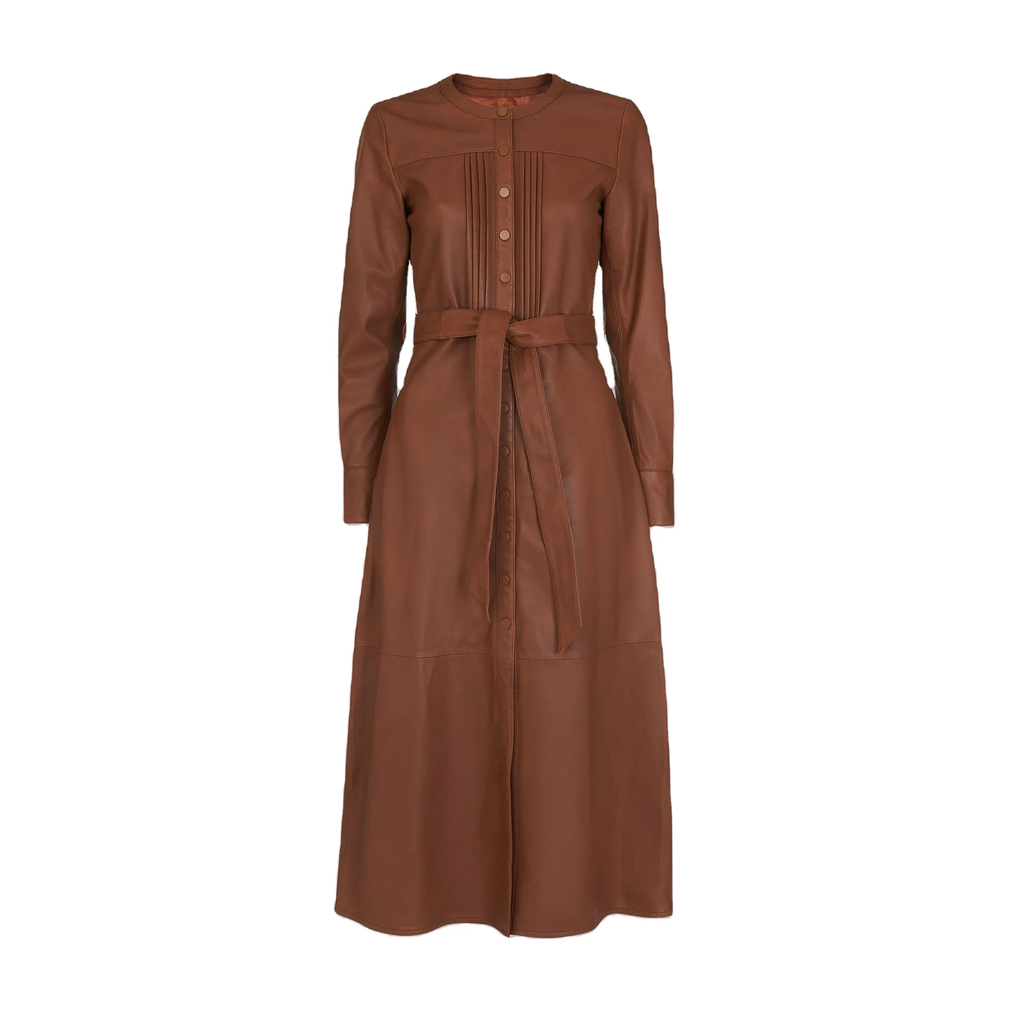 Manufacturer Custom Spring Summer Brown Polo Collar Long Sleeve Belt Women  Clothing Leather Midi Shirt Dress