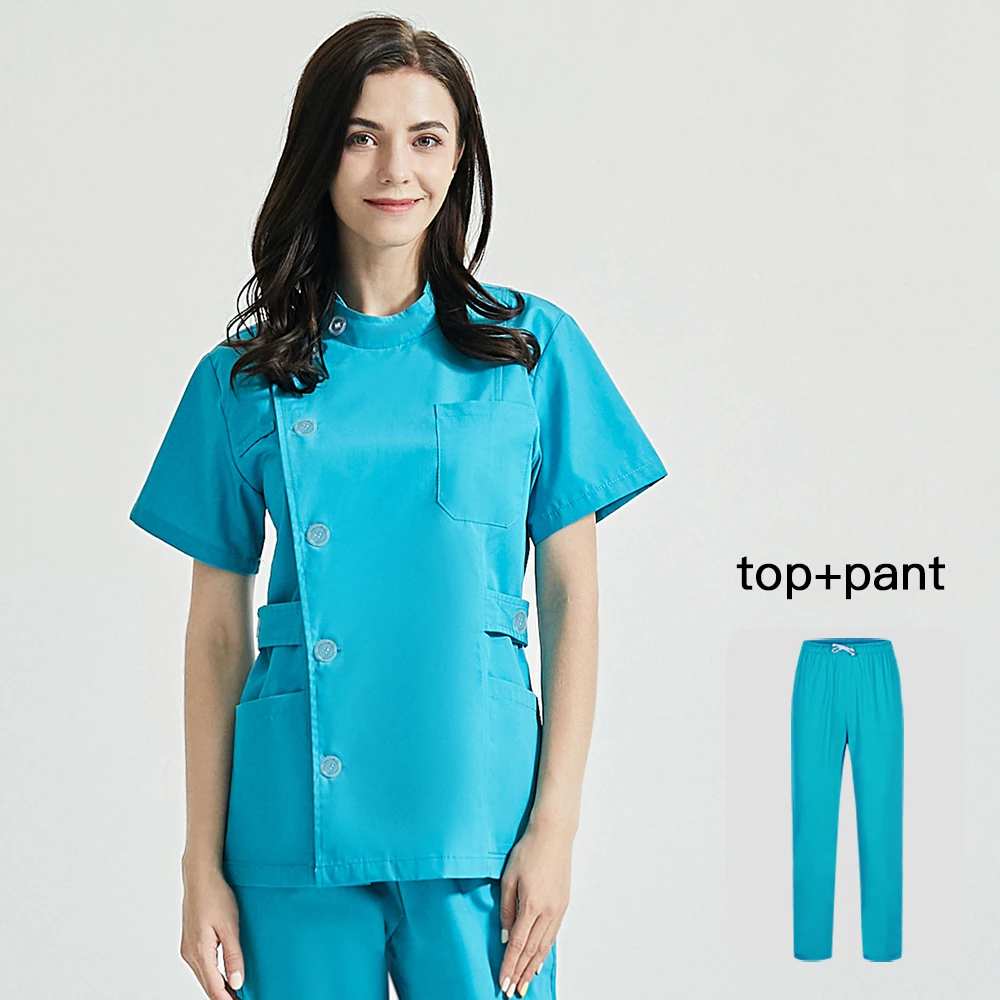 Men Women Unisex Medical Hospital Nursing Clinic Scrub Set Uniform Tops Pants 