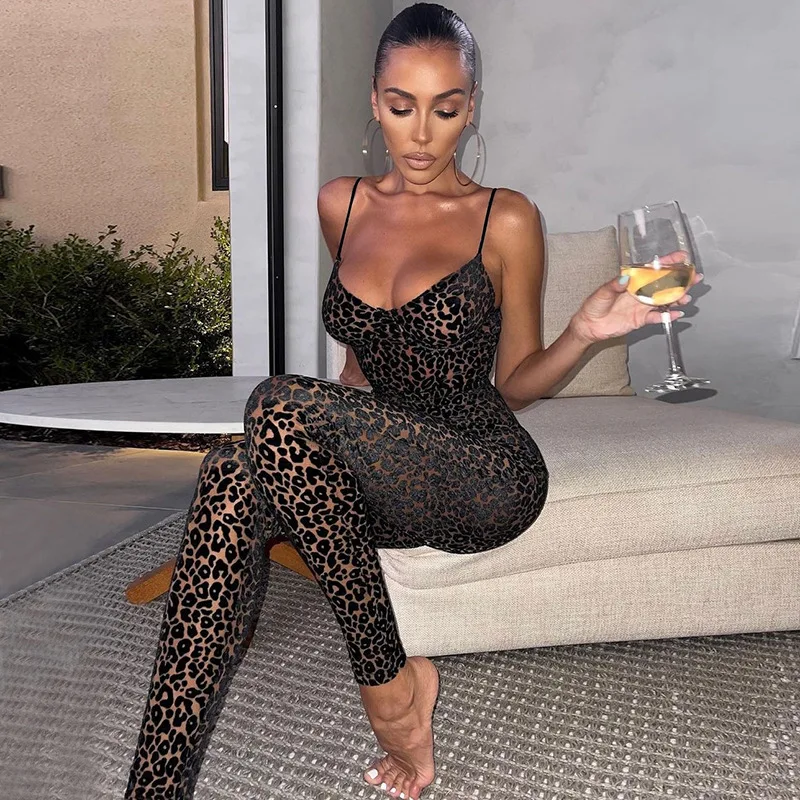 leopard print mesh jumpsuit