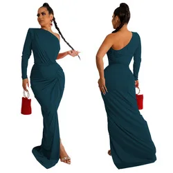 OJW020572 модное сексуальное однотонное облегающее элегантное платье с рюшами одним рукавом темпераментное вечернее платье-годе для