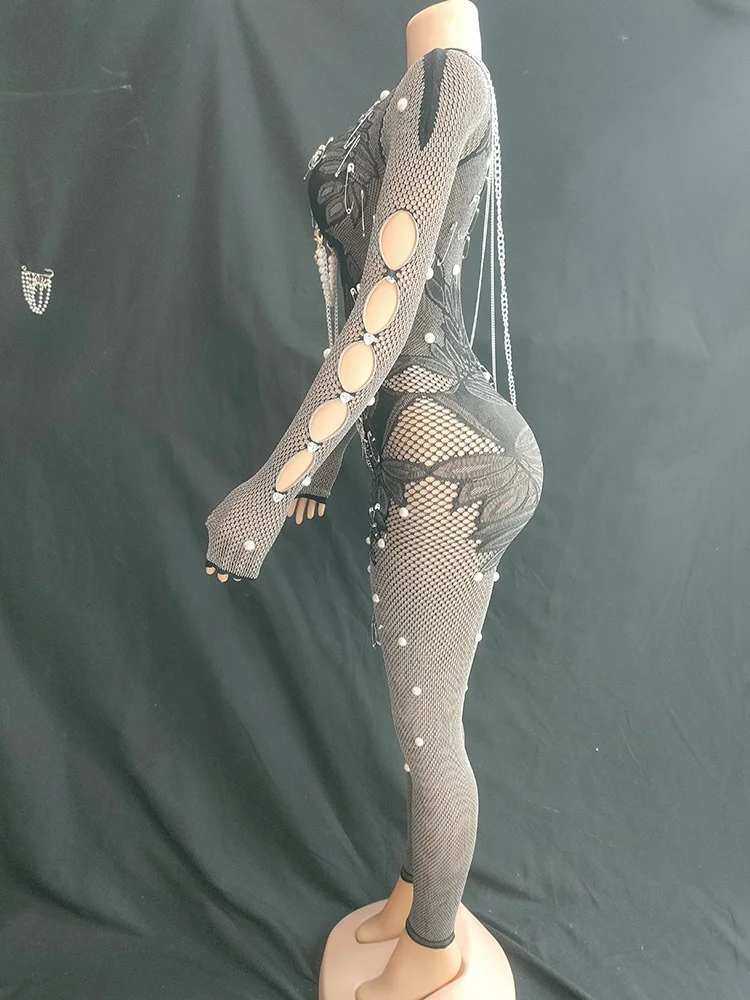 Luxury Women's Elegant Modest Evening Jumpsuit With Pearls & Diamonds Factory Sale Winter Formal Party Club Casual Style