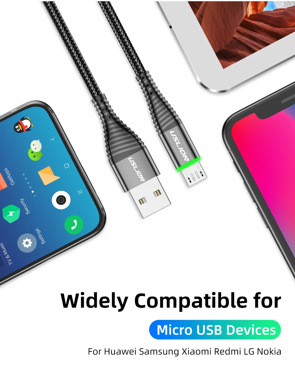 USLION 3A Fast Charging 2M Green LED illuminated Micro USB Charging Cable Data Cable For Android Mobile Phone - ANKUX.COM