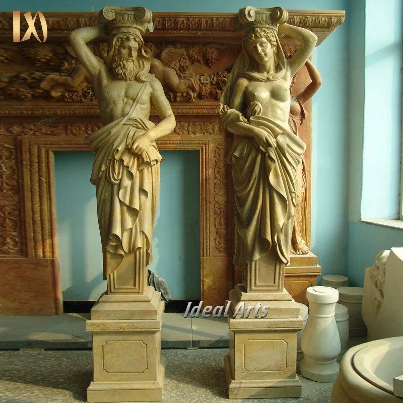 Ideal Arts Marble Column Stand with Man Statue Stone Pillar Sculpture