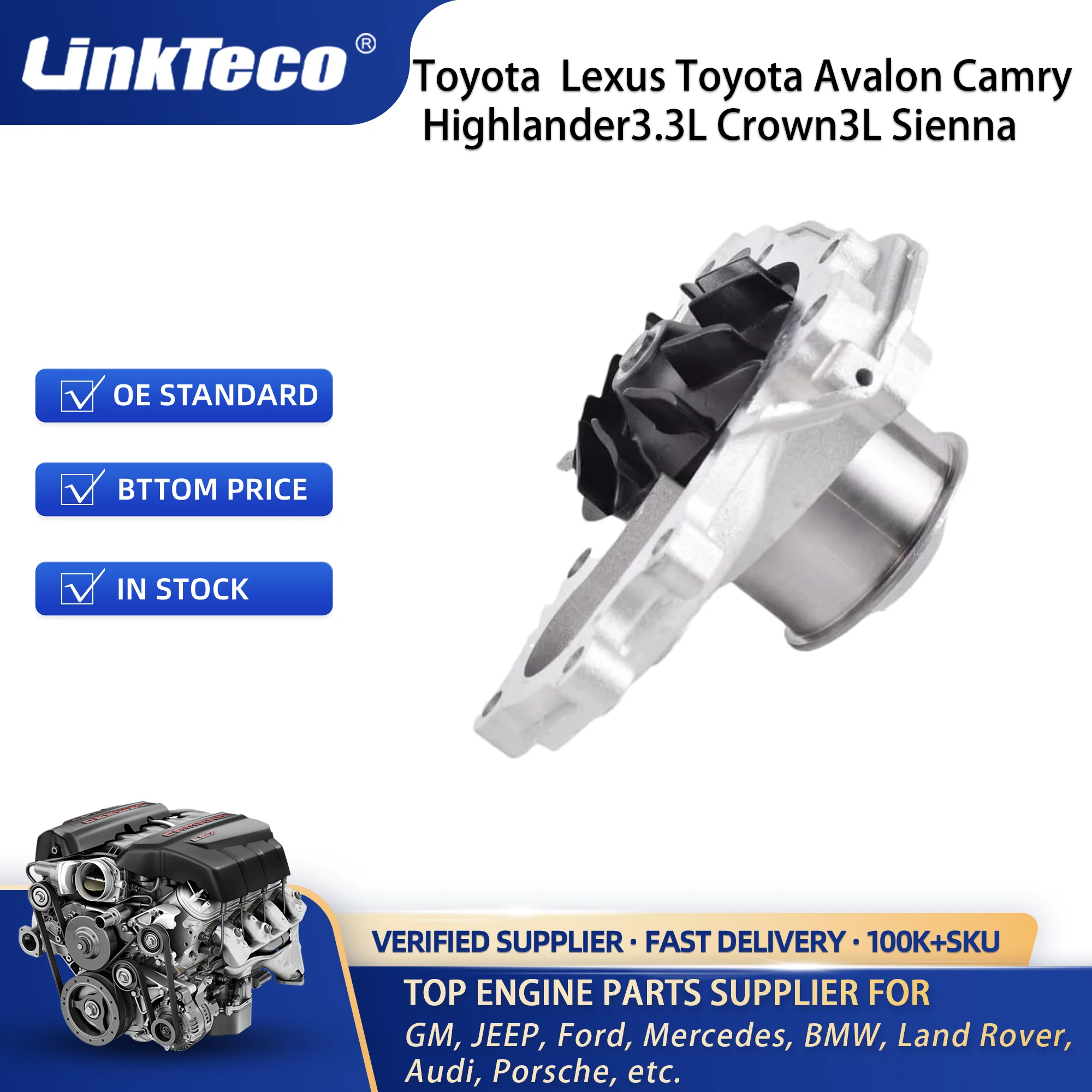 Linkteco Engine Water Pump for Select 94-10 Lexus ES300 Toyota Avalon Camry Highlander 3.3L Crown 3L Sienna 1610009070
