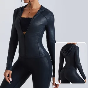 Roregal Faux Leather Nude Sports Jacket Slim Fit Zipper Fitness Hooded Comfortable Yoga Suit Jacket