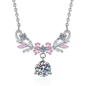 YB New Arrival Silver 925 Original Platinum Plated Water-wave Chain 2 Carat Brilliant Cut Moissanite Blossom Pendant Necklace