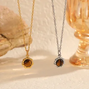 MW Natural Yellow Tiger Eye Copper Gold Round Ball Pendant Link Chain National Vintage Necklace Light Luxury Niche