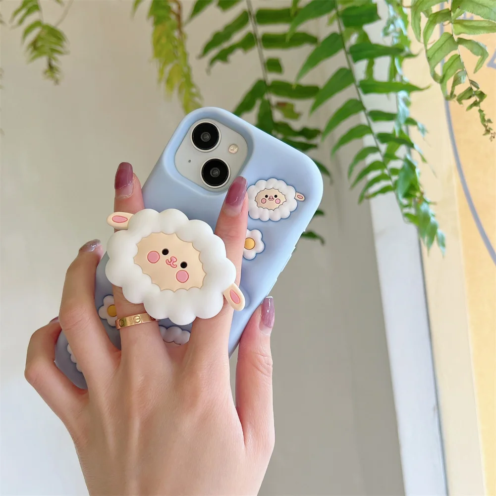 Kawaii Sheep Design Soft Silicone Shockproof Protective Cover with Holder for Women Girls for iPhone 16 Pro Max Cute Phone Case