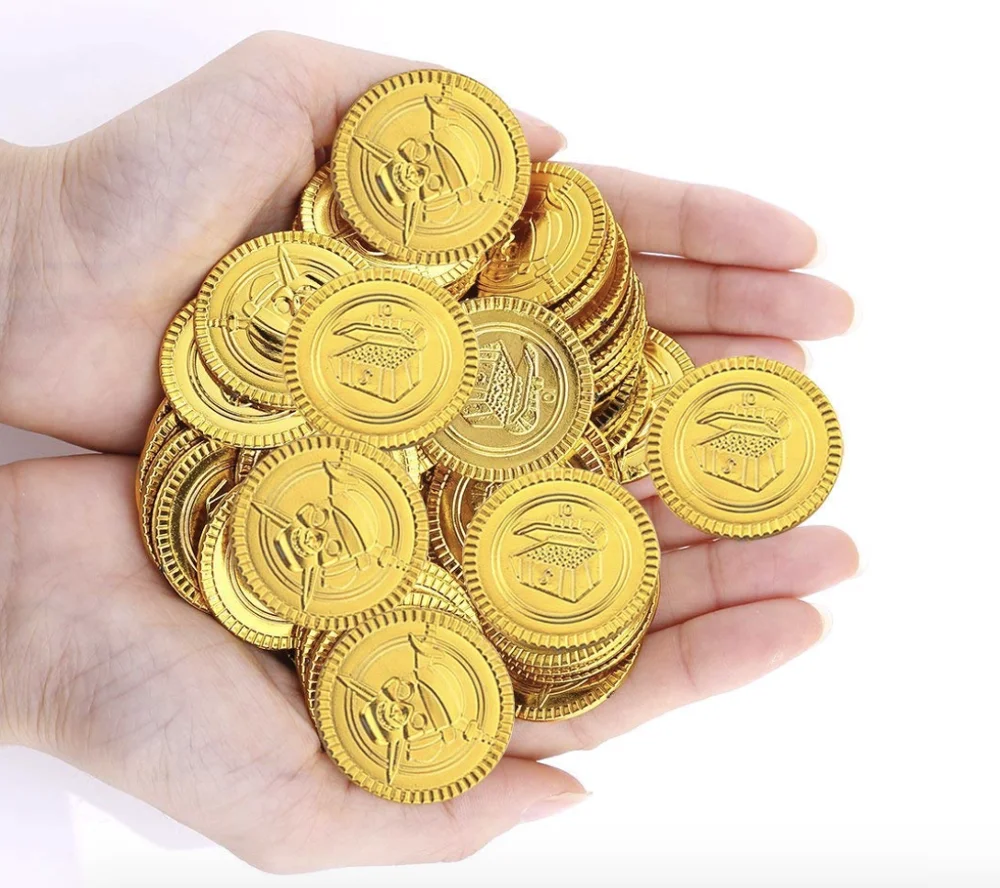 100件塑料游戏硬币儿童派对主题道具装饰抽奖游戏寻宝黄金海盗灵感玩具部分