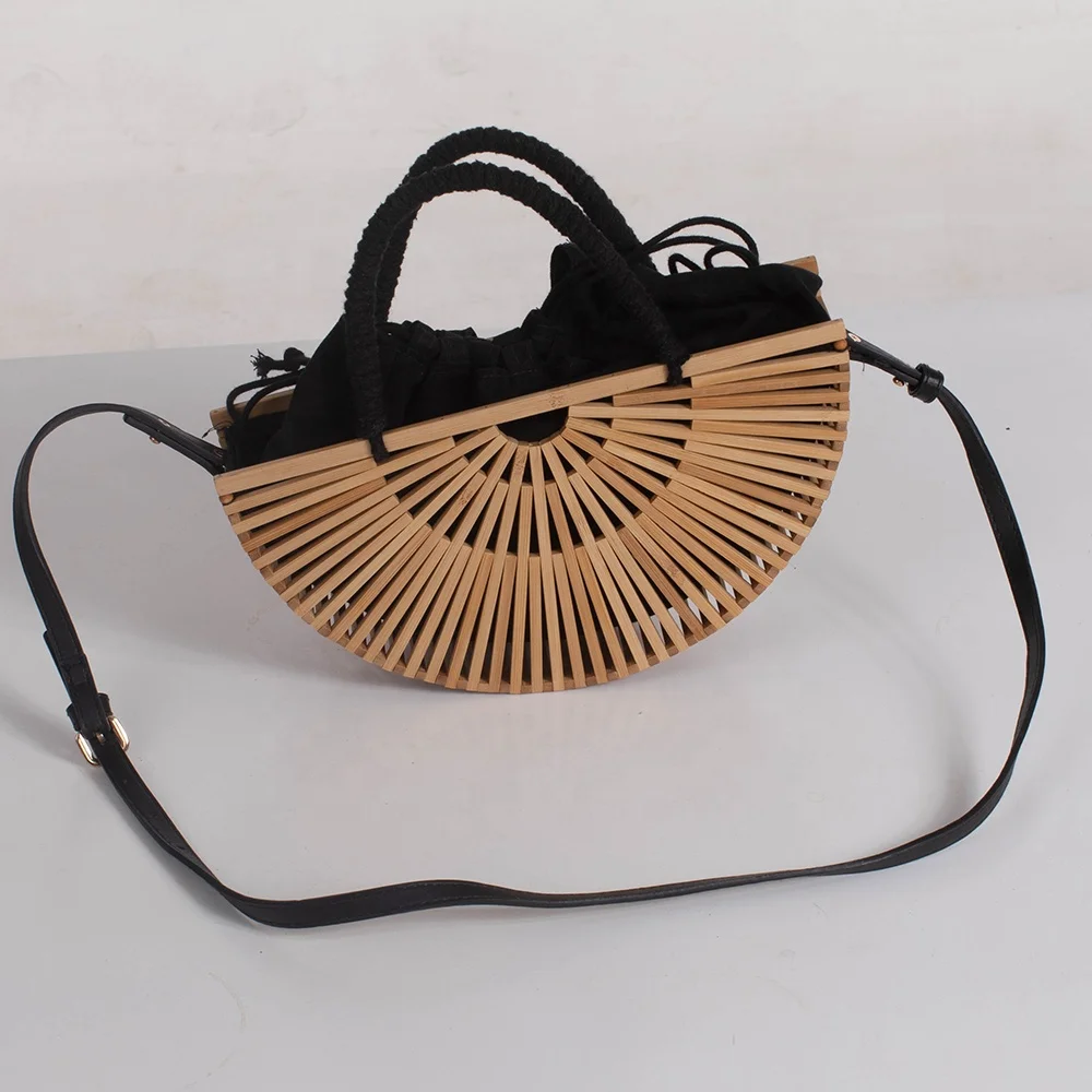 Bamboo shoulder bag with fabric linning cotton handle and leather belt
