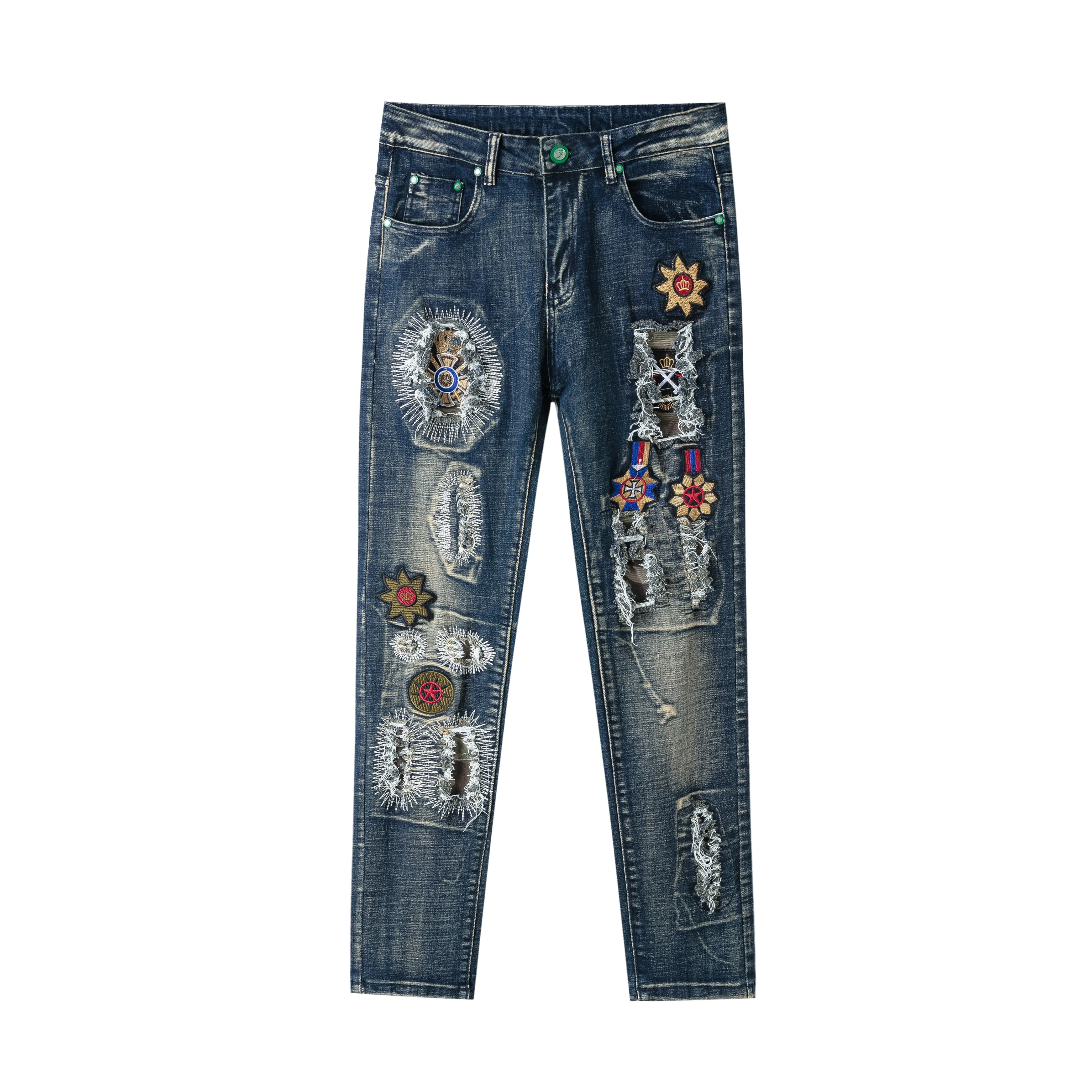 Clothing Manufacturers Washed Embroidery Vintage Hole Custom Skinny Pants Straight Jeans Man Slim Men's Jeans Men
