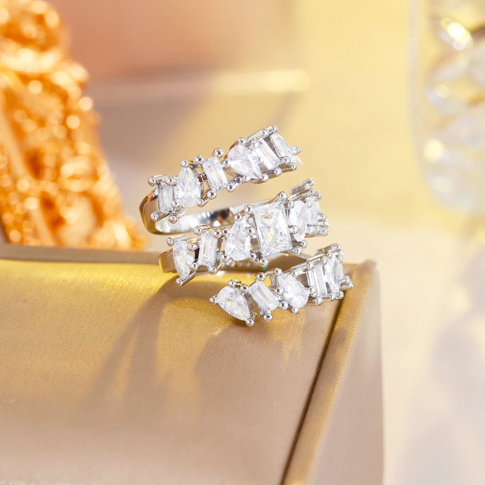 3A Grade Quality Gold Color Shiny White Cubic Zirconia Wedding Engagement  Statement Big Adjustable Resizable Ring for Women