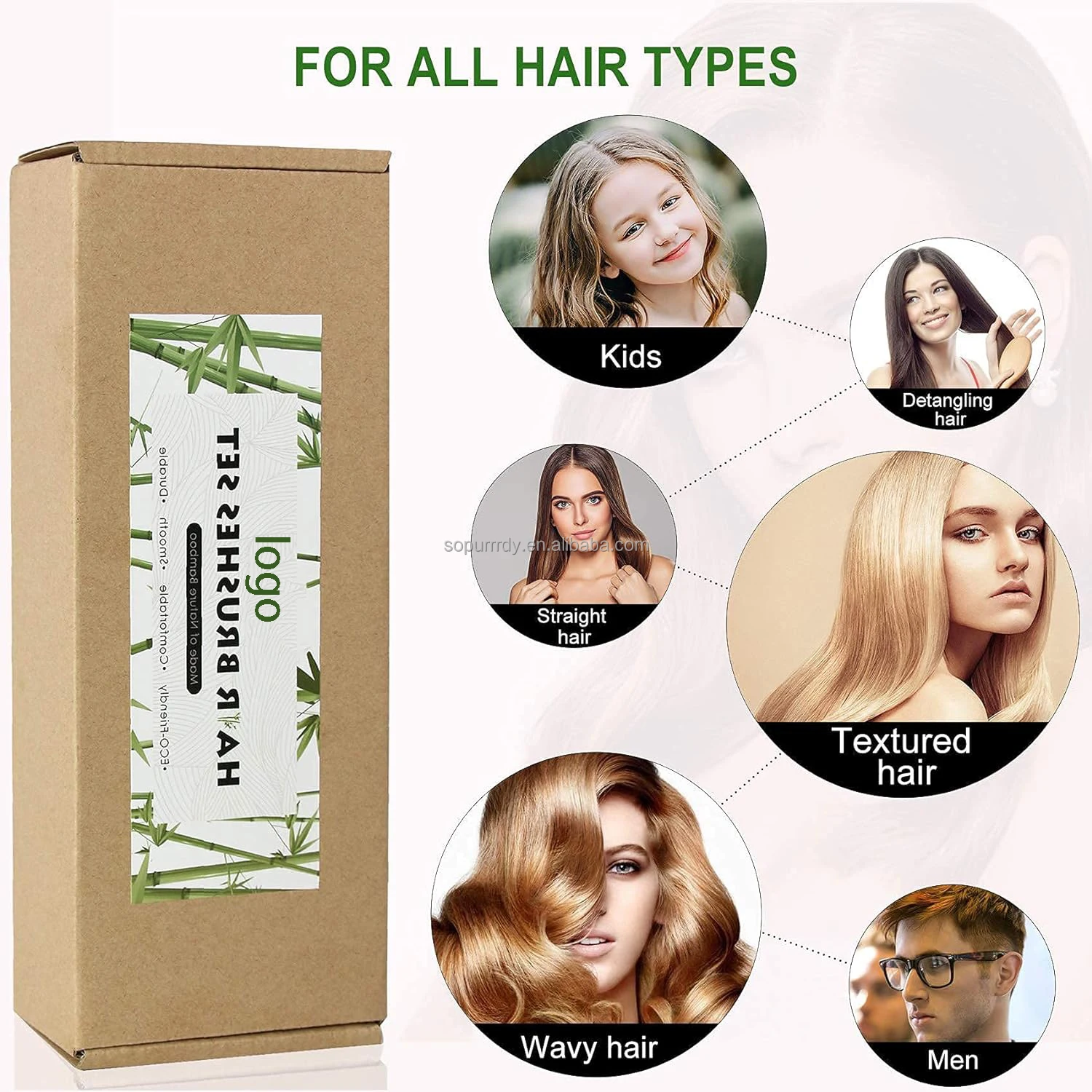 Wide Tooth Scalp Natural Custom Logo Bamboo Wood Bristle Round Detangler Hair Brush Self-Cleaning Massage Hairbrush and Comb Set