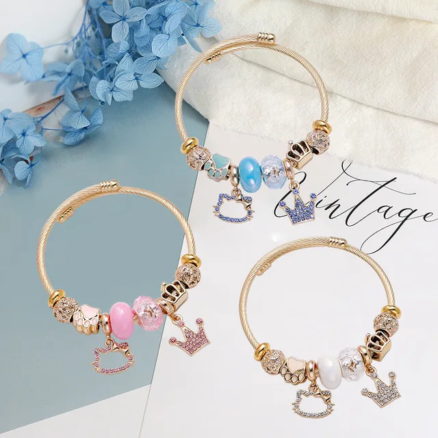 High Quality Gold Plated Stainless Steel Animal Charm Bracelet Large Hole Beads Crystal Crown Pendant Bracelet for Women