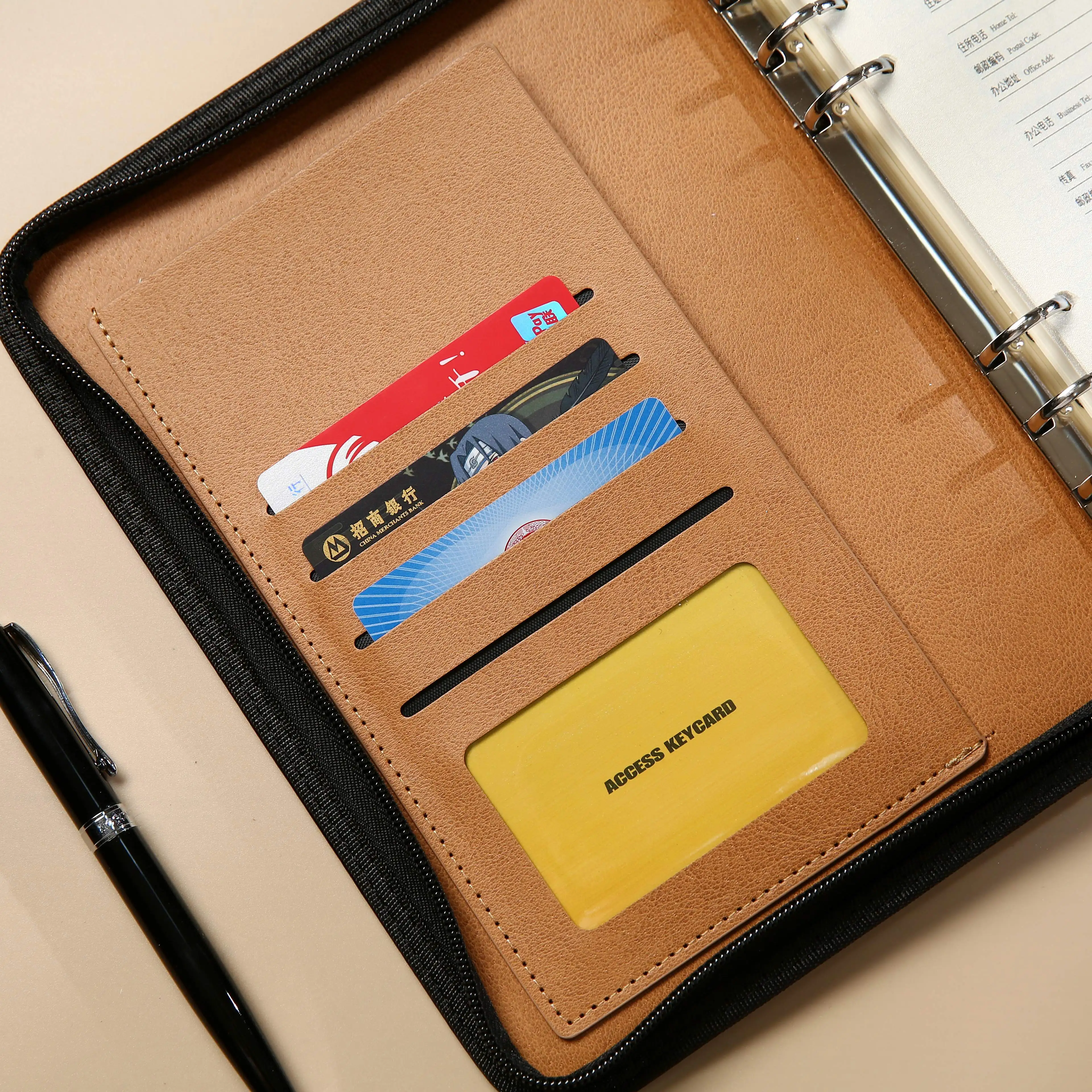 product zippered notebook pu leather  6 ring binder with card slots for business office meeting executive work planner organizer-12