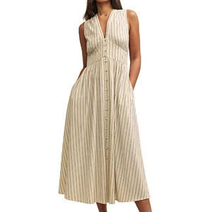 Casual Style Lady Office Dress V-neck Side Pockets Stripe Sleeveless Front Button Cotton Maxi Women's Dresses