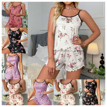 New Women's Casual Pajamas Set Shorts Sleeveless Homestays Front Slit Summer Pajamas Women