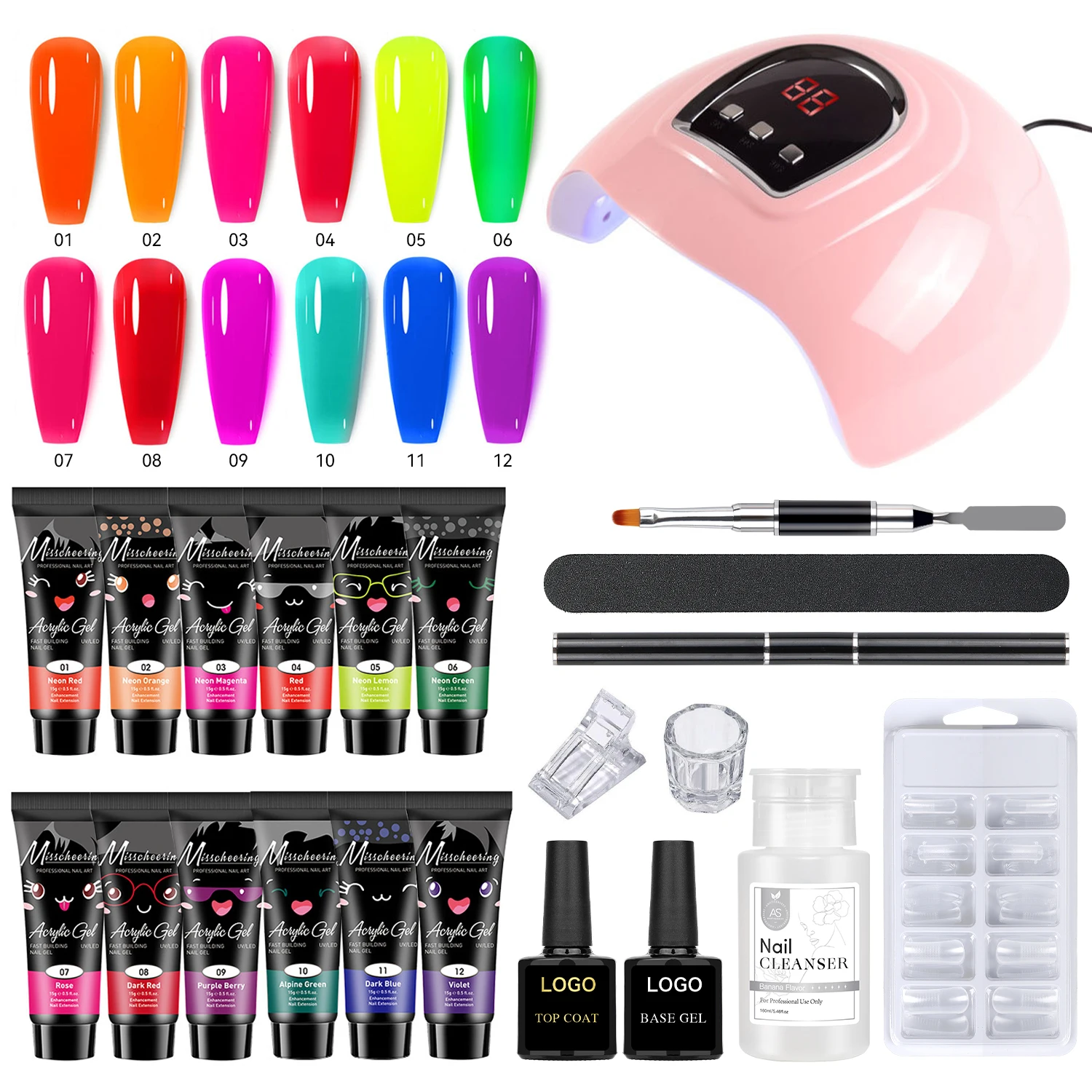 Набор полиакриловых гелей для ногтей, набор 15 мл, акриловый Гель-лак для наращивания, обнаженный 12 видов цветов с противоскользящим раствором, набор для статера с УФ-лампой
