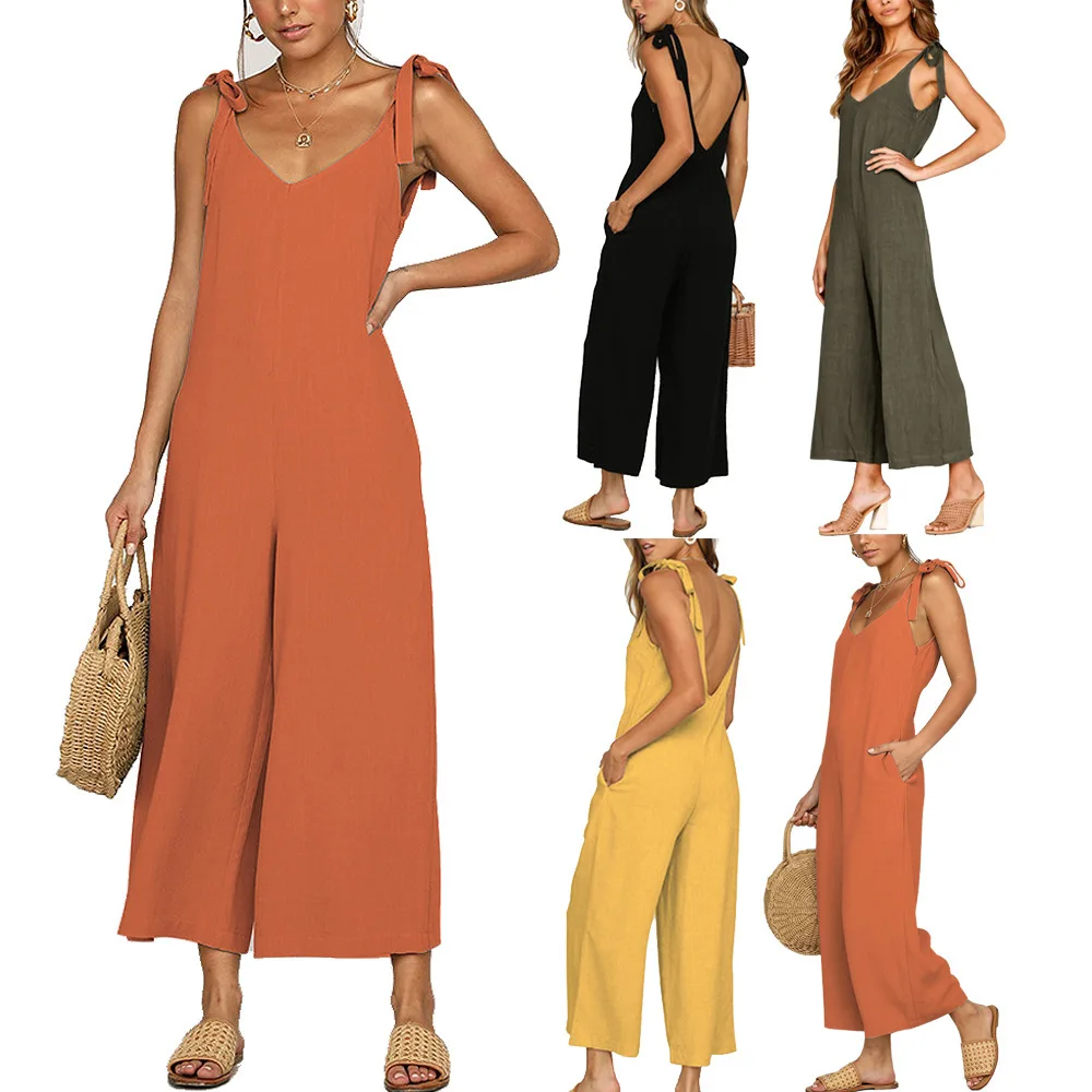 Tied Shoulder Strap V Neck Deep V Backless Sexy Summer Jumpsuit Long Pants Loose Casual Korean Fashion Clothes Women Jumpsuits