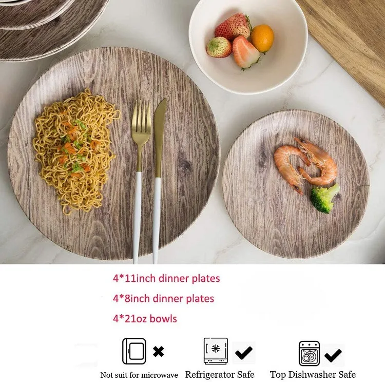 Sustainable Wood Grain Melamine Dinnerware Set for Camping