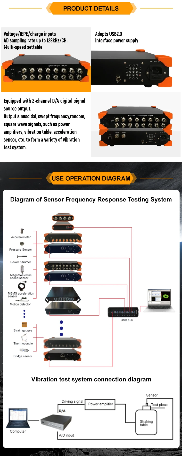 JSD1816A2 Voltage IEPE Data Collector Vibration Acceleration 16 Channels Dynamic Signal Analyzer factory