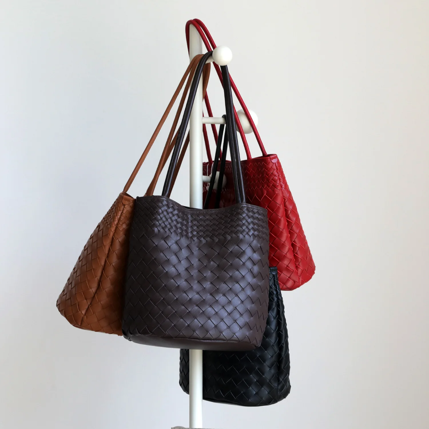 Niche High-end Casual Woven Sheepskin Zip Bucket Bag Two Straps Polyester Multi-compartment Large Capacity All-match