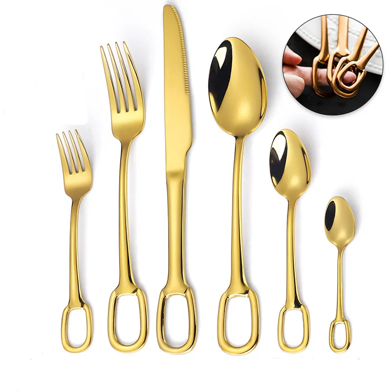 18/8 Hanging Cutlery Set Stainless Steel Hanging Hole Knife Fork Spoon Utensil Set Gold Flatware Set