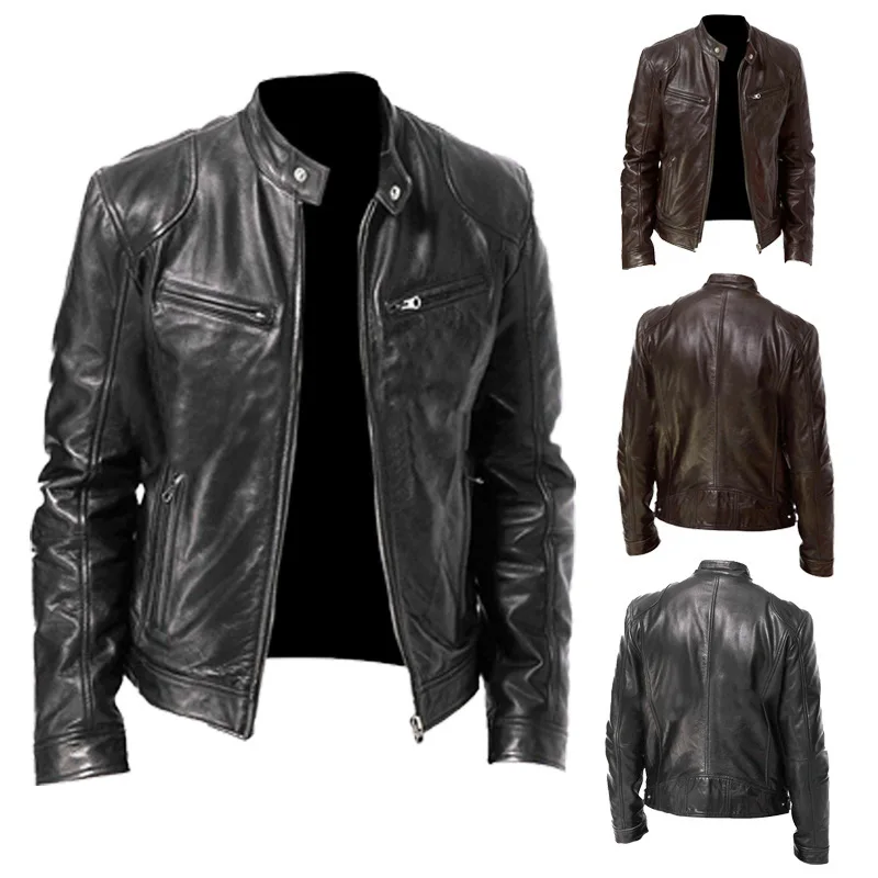 2024 PU Leather Zipper Men Spring Autumn Coat Men's Fashion Stand Collar Slim Casual Tops Jacket_voghion.com