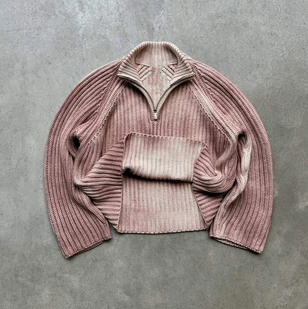 Knitwear Manufacturers Custom Design Logo Ribbed Vintage Acid Wash Knitted Jumper Streetwear Pull Homme Half Zip Sweater Men gallery 8
