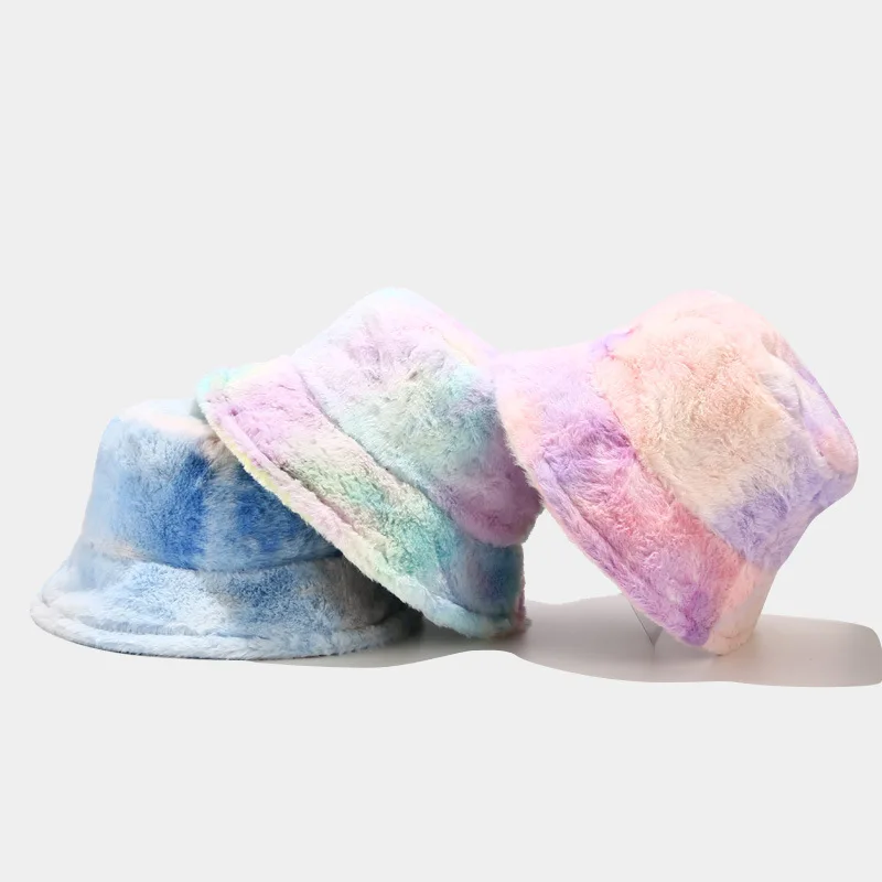 Cute Girly Rainbow Color Plush Fisherman Hat Winter Korean Fashion  All-match Warmth Basin Hat Tide Modern Retro