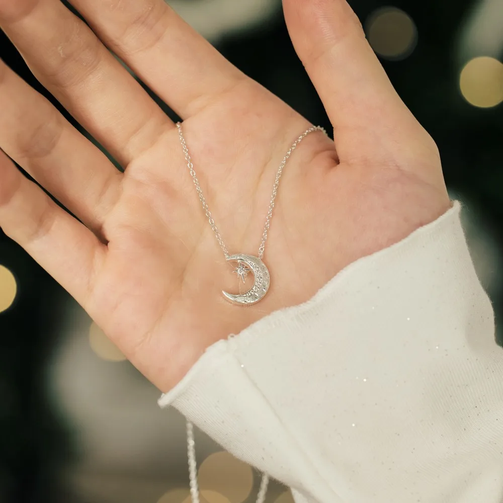 KAKODIY 925 Sterling Silver Chain 5A Cubic Zirconia Frosted Surface Crescent Moon Pendant Necklace Christmas Gift detail 6