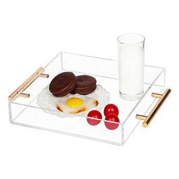Modern Clear Acrylic Serving Tray With Gold Handles Square Breakfast Food Tray Decorative Lucite Tray With Metal Handle