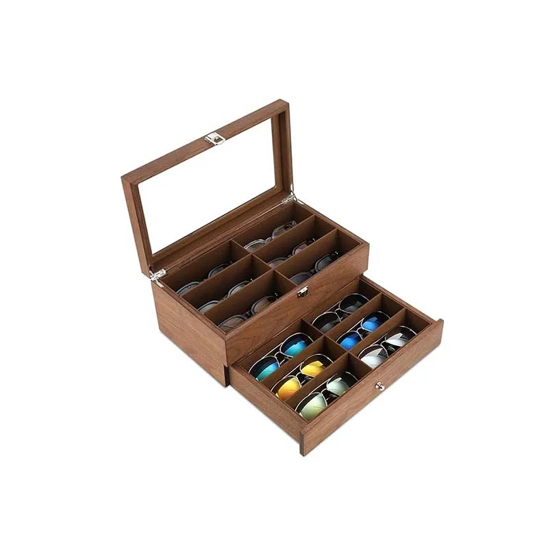Organizer Per Occhiali Da Sole In Legno Con Coperchio In Vetro – Contiene 14 Occhiali + Cassetto – Espositore Da Tavolo Nero