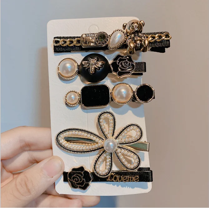 South Korea Dongdaemun 6pcs/set Temperament Side Clip Wild Net Red Pearl Bow Knot Broken Hair Black Bear Hairpin