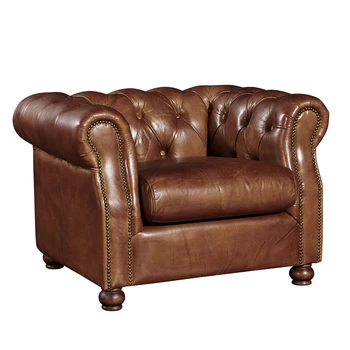 Distressed Genuine Cow Leather Upholstered Seat and Head Lounge Sofa
