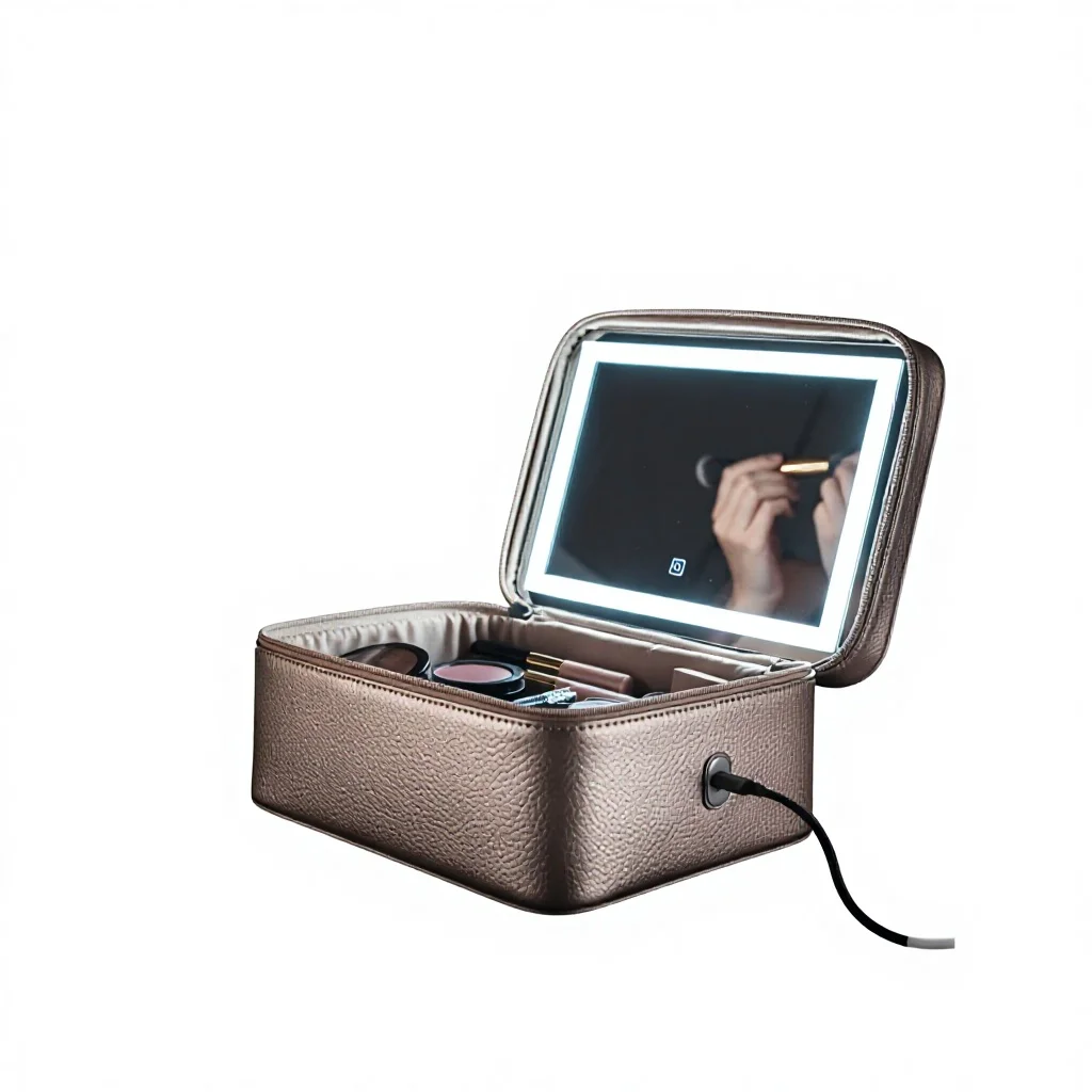 Smart PU Leather Cosmetic Bag with LED Mirror for Travel Makeup Touch up 5 Smart PU Leather Cosmetic Bag with LED Mirror for Travel Makeup Touch up - Image 5