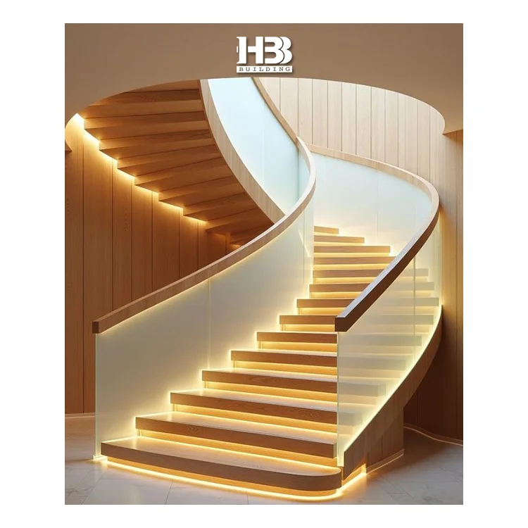 Indoor Spiral Curved Staircase Apartments Modern Glass Wooden Railing ...